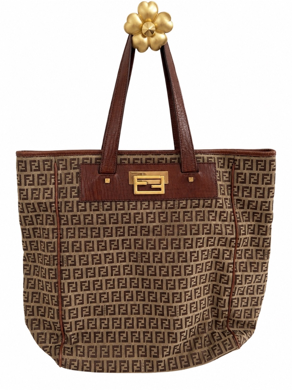Fendi Brown Zucca Monogram Canvas Tote with Leather Trim